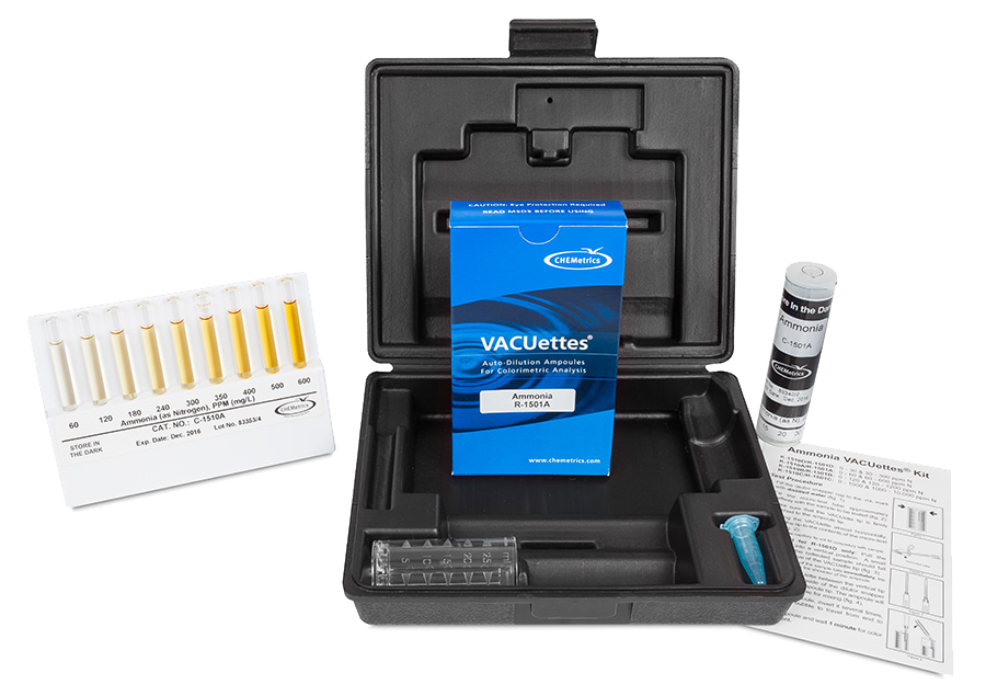 An open VACUettes test kit showing all of the contents. The kit is R-1501A for Ammonia.